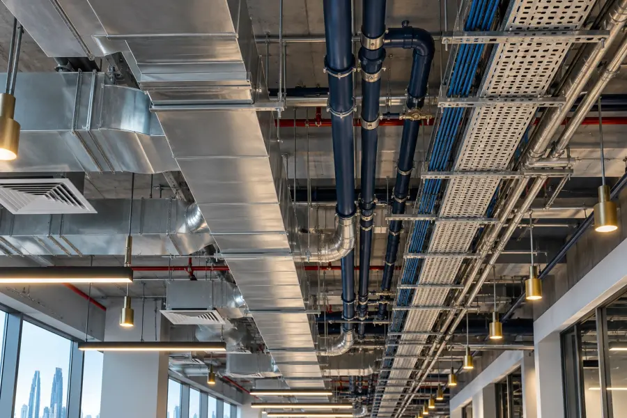 Exposed MEP ductwork, pipes and cable trays in an office ceiling